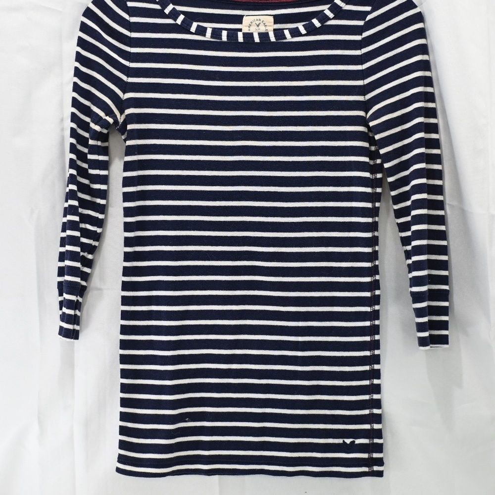 American Eagle T  Shirt Navy striped 3/4 Knit Size S